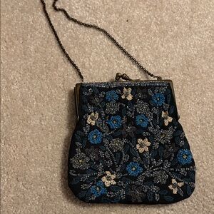 Beaded Floral Evening Clutch - Black with Blue & Cream Embroidery